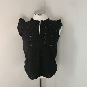 LOFT Petites Black Eyelet Flutter Sleeve Mock Neck Keyhole‎ Top XSP
